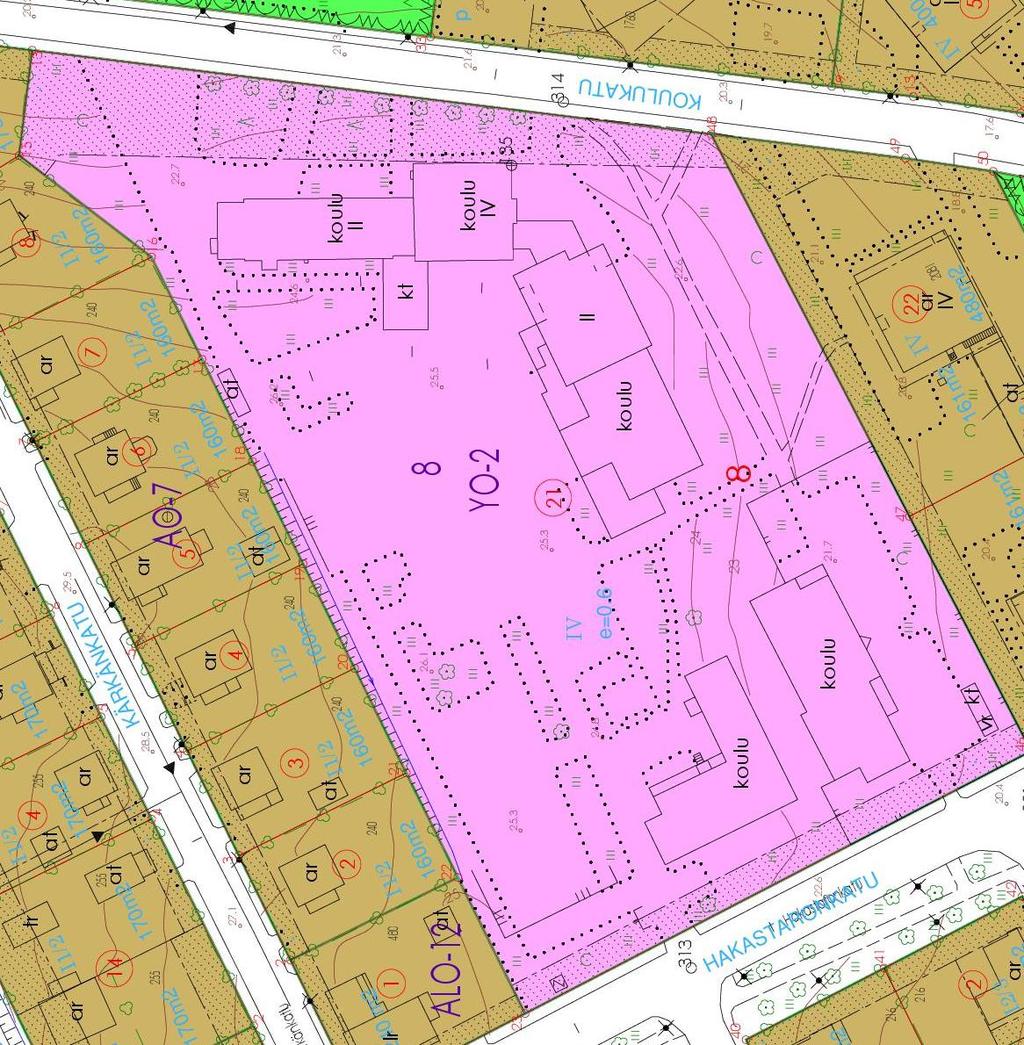 ALHAISTEN JA HAKASTARON KOULUT YO Opetustoimintaa palvelevien rakennusten korttelialue. Kaava sallii Ineljään kerrokseen rakentamisen. Kiinteistön pinta-ala 18818m2 Rakennusoikeus e=0.