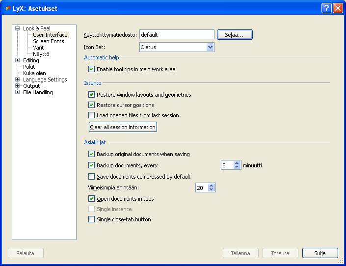 1 Asetukset 1.1 Asetukset LYXin yleisiä asetuksia saa muutettua valitsemalla ylävalikosta Työkalut > Asetukset... Kuva 1: LYX-asetukset Seuraavassa poimintoja näistä asetuksista.