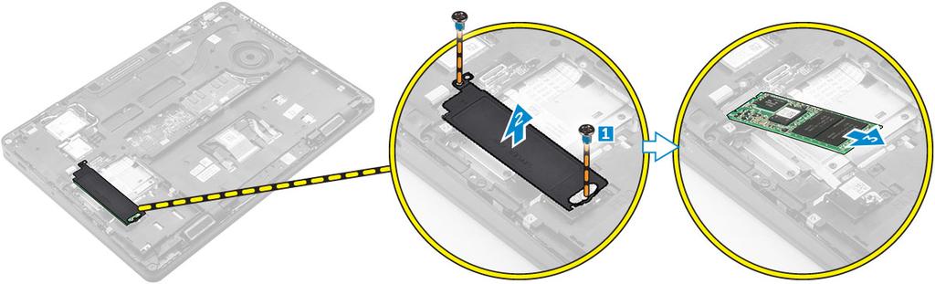 Valinnaisen PCIe SSD -aseman asentaminen Suorita seuraavat vaiheet, jos järjestelmässä on PCIe-SSD-levy. 1 Aseta SSD-kiinnike paikoilleen tietokoneeseen.