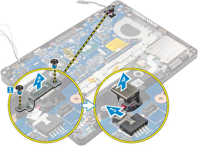 Virtaliitäntä Virtaliitinportin irrottaminen 1 Noudata Ennen kuin avaat tietokoneen kannen -kohdan menettelyä.