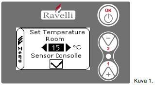7.2.2. Aseta huonelämpötila Takan huonetermostaatti voi toimia kolmella eri tavalla Lämpötila-anturilla takan takaseinässä Näytössä integroidulla lämpötila-anturilla Ulkoisella termostaatilla (ei