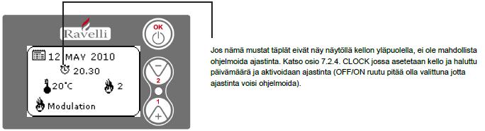 ASETUKSIEN SELITYKSET: Selitykset Parametrien säätöalueet Käynnistä ohjelma 1 OFF 23:, askeleet Pysäytä ohjelma 1 OFF 23:, askeleet Päivät ohjelma 1 on/off päiville ma su Teho ohjelma 1 01 05