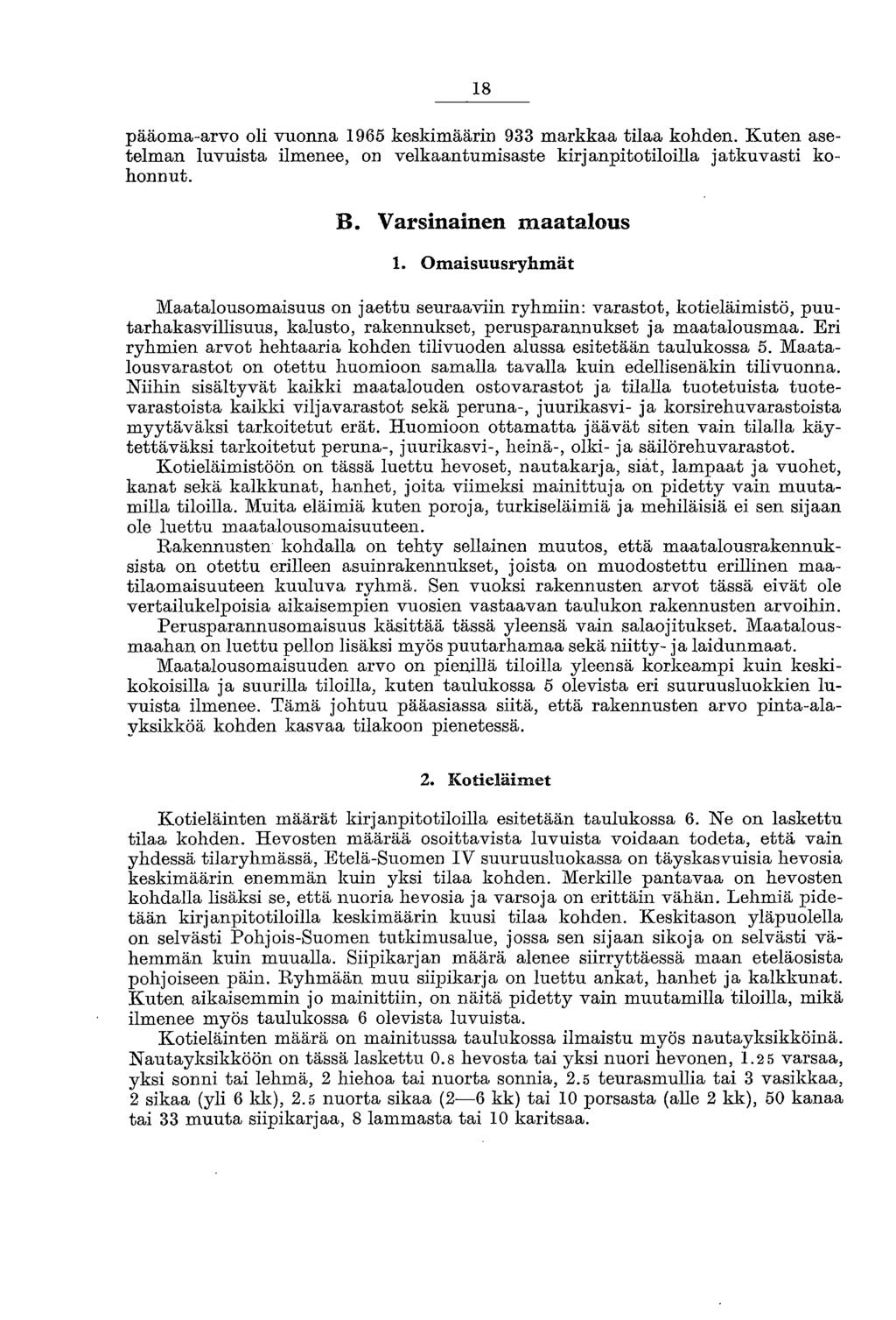 18 pääoma-arvo oli vuonna 1965 keskimäärin 933 markkaa tilaa kohden. Kuten asetelman luvuista ilmenee, on velkaantumisaste kirjanpitotiloilla jatkuvasti kohonnut. B. Varsinainen maatalous 1.