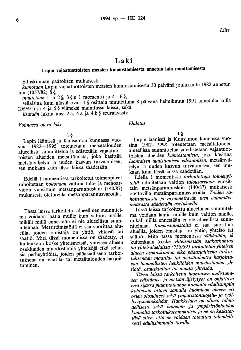 6 1994 vp - HE 124 Liite Laki Lapin vajaatuottoisten metsien kunnostamisesta annetun lain muuttamisesta Eduskunnan päätöksen mukaisesti kumotaan Lapin vajaatuottoisten metsien kunnostamisesta 30