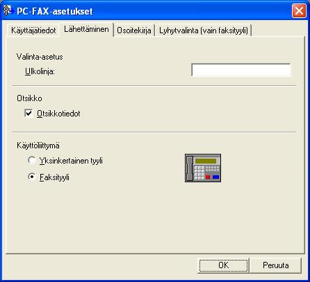 Brotherin PC-FAX-ohjelmisto (MFC-9460CDN, MFC-9465CDN ja MFC-9970CDW) c Tallenna Käyttäjätiedot valitsemalla OK. Voit määrittää Käyttäjätiedot erikseen kullekin Windows -tilille.