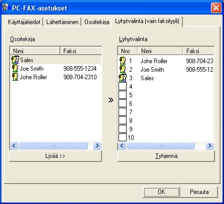 Brotherin PC-FAX-ohjelmisto (MFC-9460CDN, MFC-9465CDN ja MFC-9970CDW) Lyhytvalinta-asetukset 6 Napsauta PC-FAX-asetukset -valintaikkunassa Lyhytvalinta (vain faksityyli)-välilehteä.