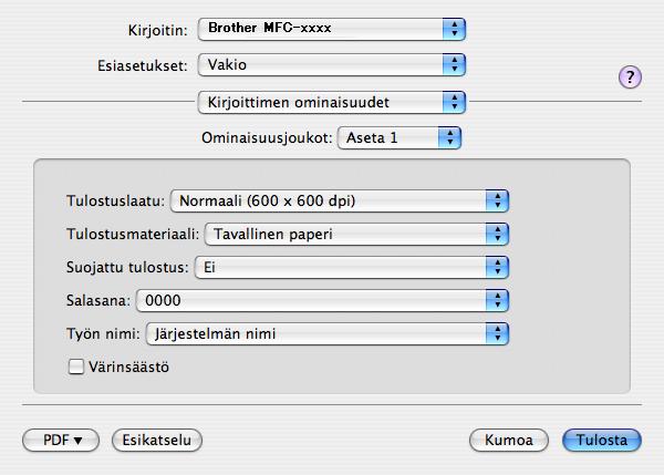 Tulostus ja faksaus Tulostimen ominaisuudet 8 (Mac OS X 10.4.11) Ominaisuusjoukot: Aseta 1 Tulostuslaatu Valittavissa ovat seuraavat tulostuslaadun asetukset. Normaali (600 x 600 dpi) 600 dpi -luokka.