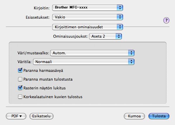 Tulostus ja faksaus Ominaisuusjoukot: Aseta 2 Väri / mustavalko Väri/mustavalko-asetukseksi voidaan valita jokin seuraavista: Autom. Laite tarkistaa, onko asiakirjassa värejä.