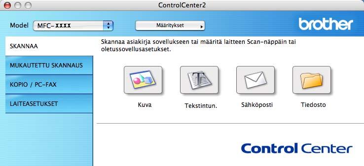 ControlCenter2 SKANNAA 10 Skannaa kuvaksi-, Skannaa tekstintunnistusohjelmaan-, Skannaa sähköpostiin- ja Skannaa tiedostoon -sovelluksille on neljä skannauspainiketta.