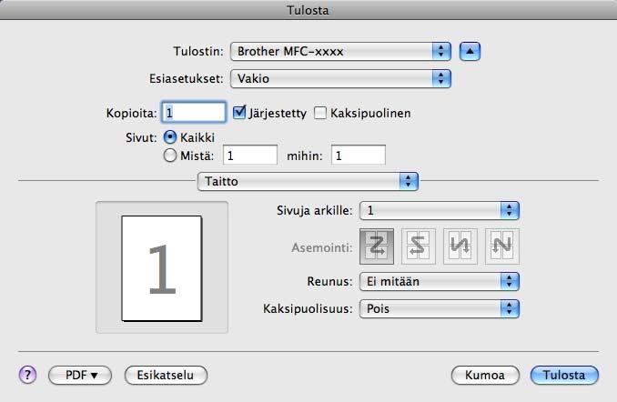 ControlCenter2 (Mac OS X 10.4.11) Kopioi asiakirja valitsemalla ponnahdusvalikosta Sivut ja kopiot. Faksaa asiakirja valitsemalla ponnahdusvalikosta Lähetä faksi.