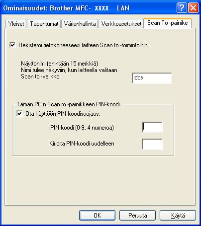 Verkkoskannaus d Napsauta Scan To -painike -välilehteä ja kirjoita tietokoneen nimi Näyttönimi (enintään 15 merkkiä)- kenttään. Kirjoittamasi nimi näkyy laitteen näytössä.