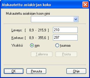 Skannaus Asiakirjan koko 3 Valitse jokin seuraavista: A4 210 x 297 mm (8.3 x 11.7 in) JIS B5 182 x 257 mm (7.2 x 10.1 in) Letter 215.9 x 279.4 mm (8 1/2 x 11 in) Legal 215.9 x 355.