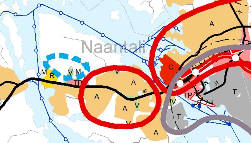 pieneltä osaltaan virkistysalueeksi (V) ja se kuuluu kaupunkikehittämisen kohdealueeseen (punainen rajaus). Yleiskaava Oikealla ote yleiskaavasta.