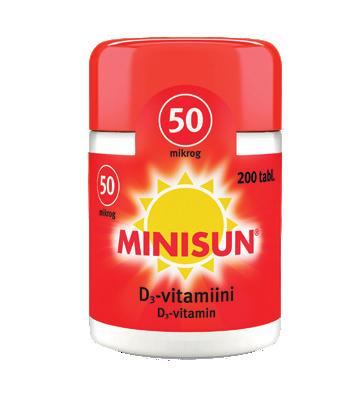 PIDÄ ITSESTÄSI HUOLTA! Minisun D-vitamiini 200 tabl Vahva Minisun 50 mg D-vitamiini sopii päivittäiseen käyttöön ja kuureina silloin, kun keho tarvitsee erityistä tukea. 17 60 sh.