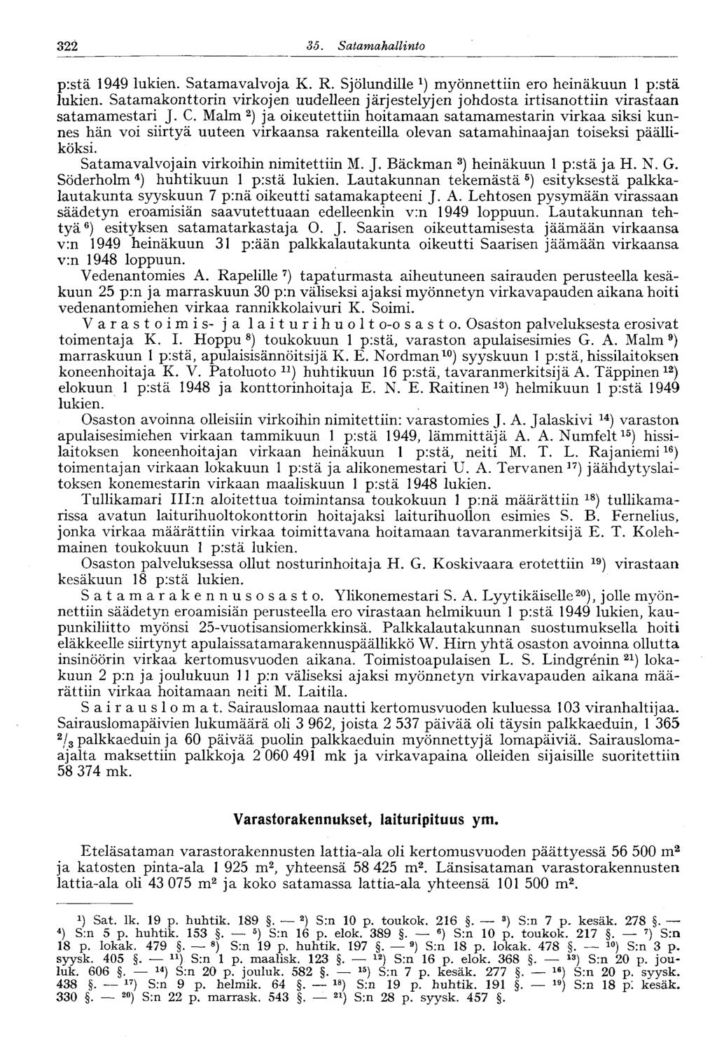 322 3ö. Satamahallinto pistä 1949 lukien. Satamavalvoja K. R. Sjölundille myönnettiin ero heinäkuun 1 p:stä lukien.