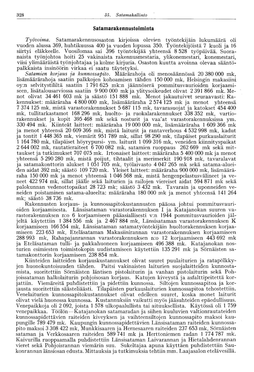 328 3ö. Satamahallinto Satamarakennustoiminta Työvoima. Satama-rakennusosaston kirjoissa olevien työntekijäin lukumäärä oli vuoden alussa 369, huhtikuussa 400 ja vuoden lopussa 350.