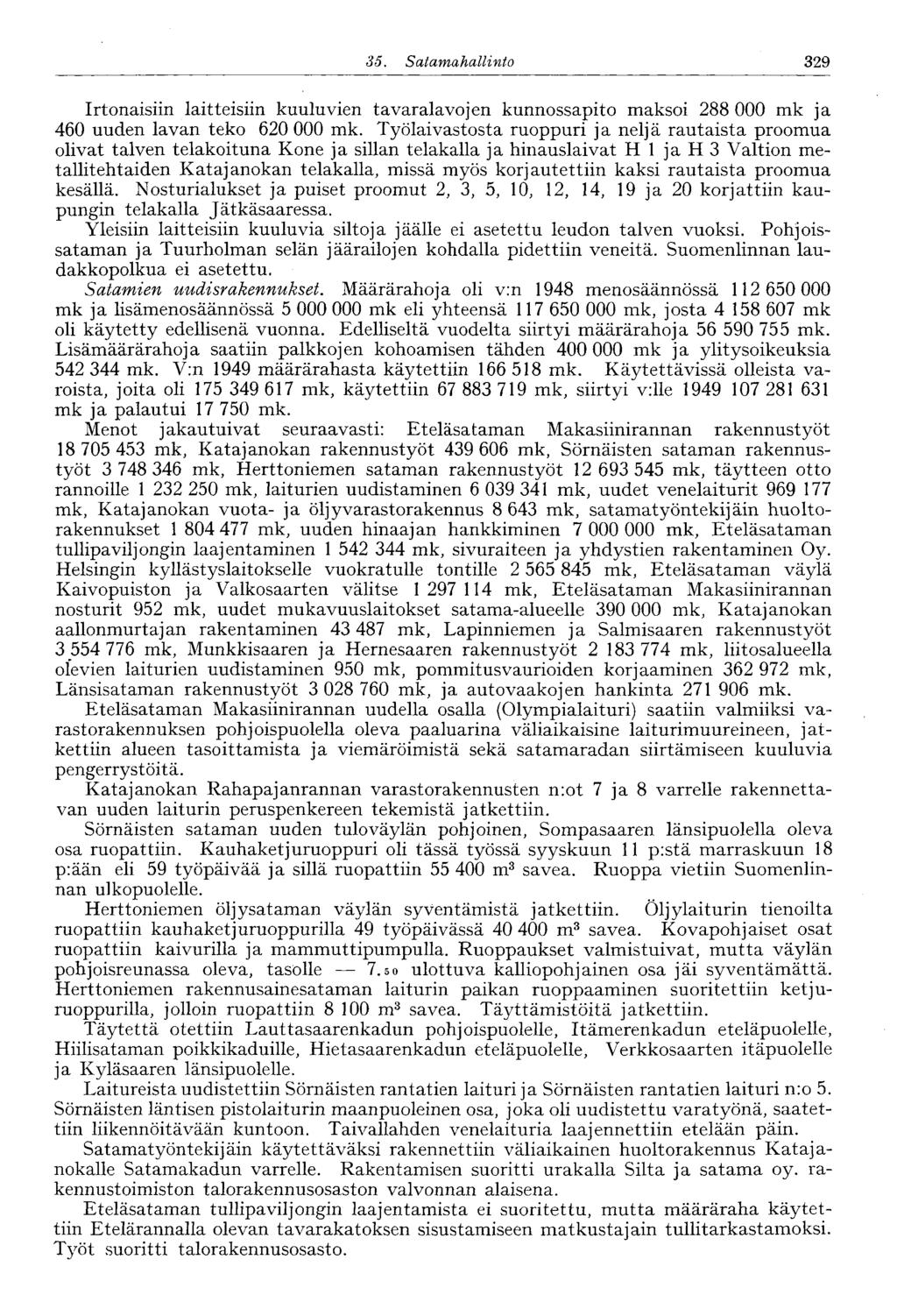35. Satamahallinto 329 Irtonaisiin laitteisiin kuuluvien tavaralavojen kunnossapito maksoi 288 000 mk ja 460 uuden lavan teko 620 000 mk.