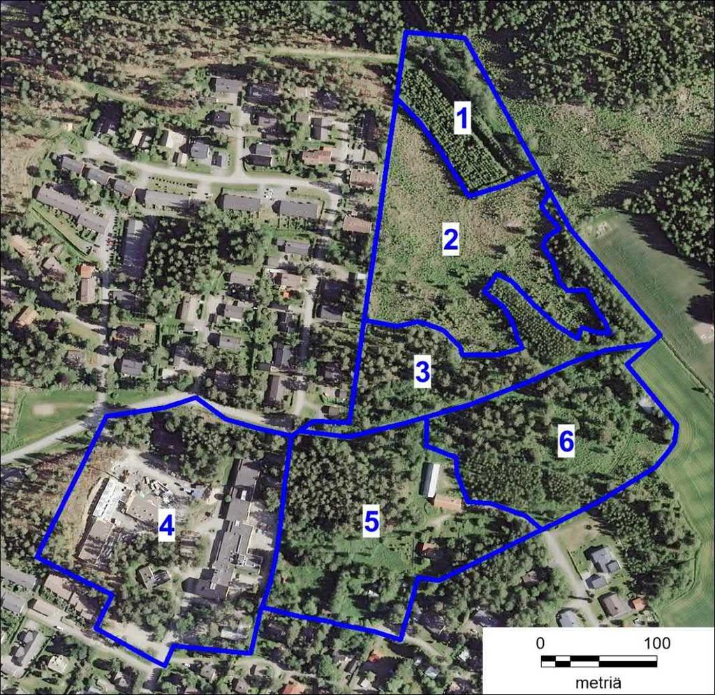 Kuva 2. Selvitysalueen luonnonolojen yleiskuvauksessa käytetty osa-aluejako (siniset viivat ja numerot 1 6). Osa-alue 1 Osa-alueen länsipuolisko on tiheää varttunutta kasvatuskuusikkoa (kuva 3).