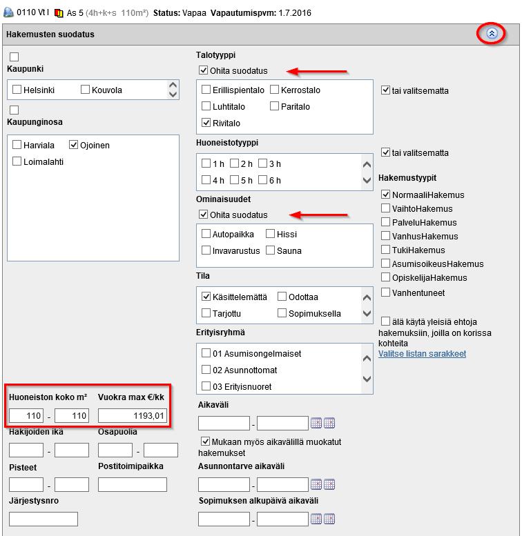 Ohita suodatus = mikäli hakija valinnut hakemukselle toiveena esim.