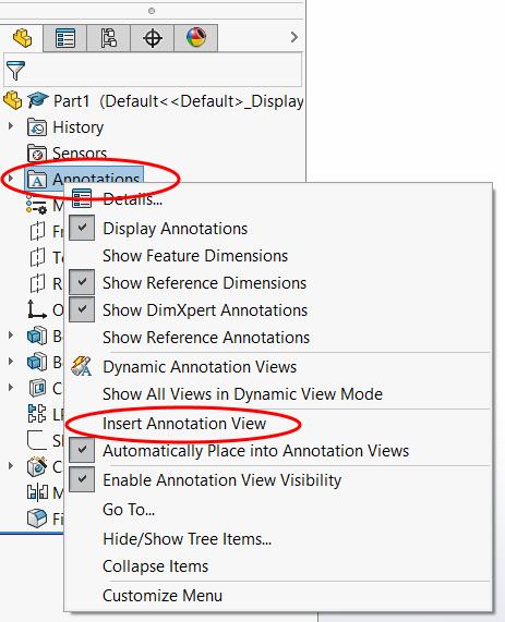 7 Annotaatiotason asettaminen SolidWorksissa tapahtuu klikkaamalla oikealla hiiren näppäimellä mallipuun valikkoa Annotations ja valitsemalla tästä valikosta Insert Annotation View.