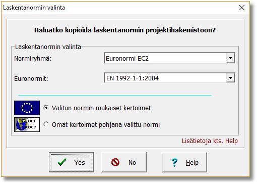 Tämä tehdään valikolla Tiedosto/Projektikansio, joka avaa kuvan 9. Ensiksi luodaan kansio, jolloin kysytään kansioon kopioitava laskentanormi.