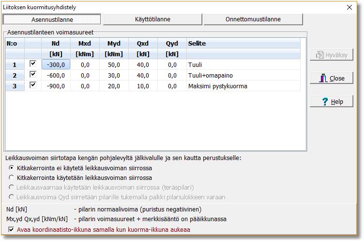 19 5.3.3 Liitoksen laskentavoimat Liitoksen laskentavoimat annetaan neljässä mitoitustilanteessa. Kuva 14 1.