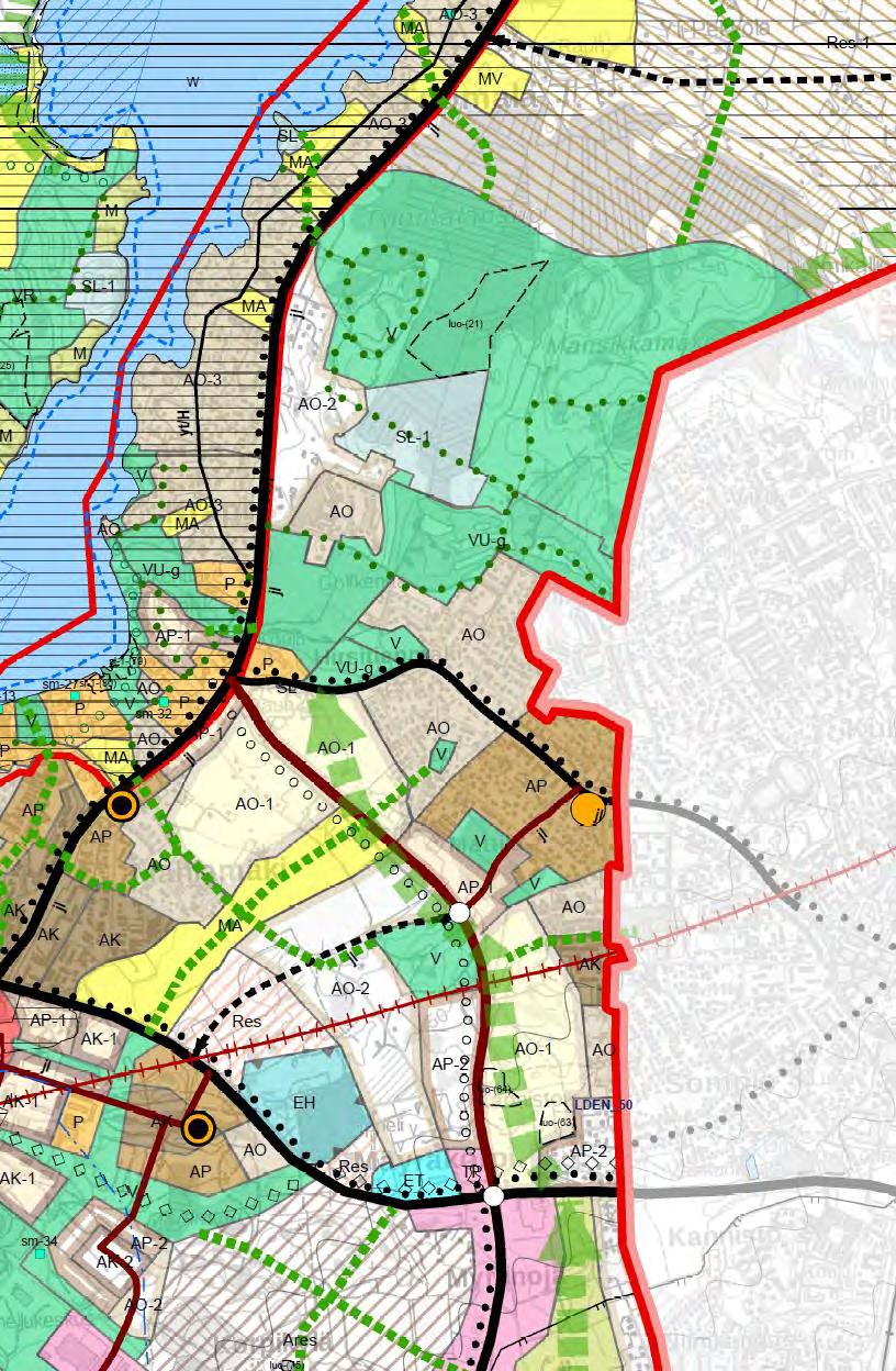 Asumisen erityisalueet Rantatien, Kirkkotien ja Tuusulanjärven välistä aluetta ei tule tiivistää (AO-3) AO-4: Vähä-Muorin ja Rajatien asuinalueet.