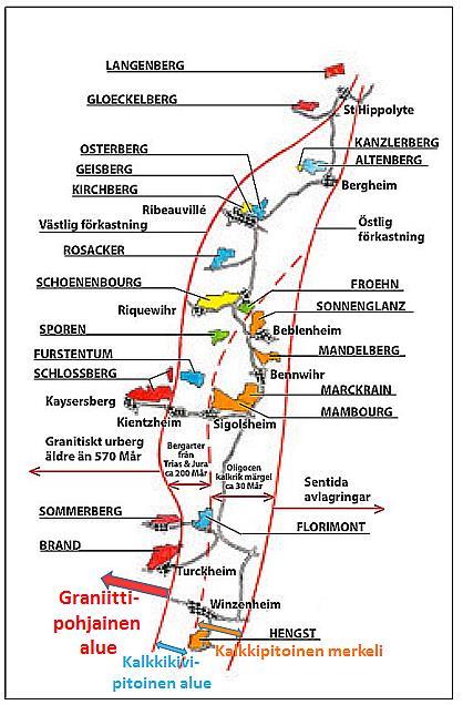 Alsace: Terroir Mitä voimme maaperän vaikutuksista viiniin todeta? Vogeesien graniittijalusta lämpiää varhain kirkkaan syyspäivän koittaessa. Tästä seuraa, että esim.