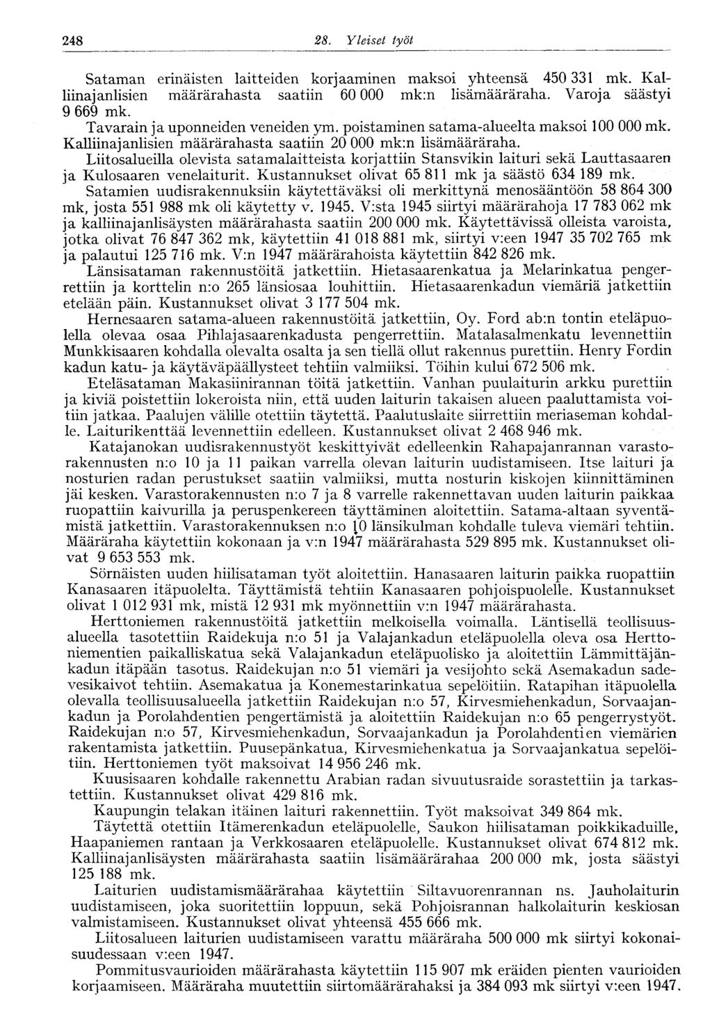248 28. Yleiset työt 248 Sataman erinäisten laitteiden korjaaminen maksoi yhteensä 450 331 mk. Kalliinajanlisien määrärahasta saatiin 60 000 mk:n lisämääräraha. Varoja säästyi 9 669 mk.