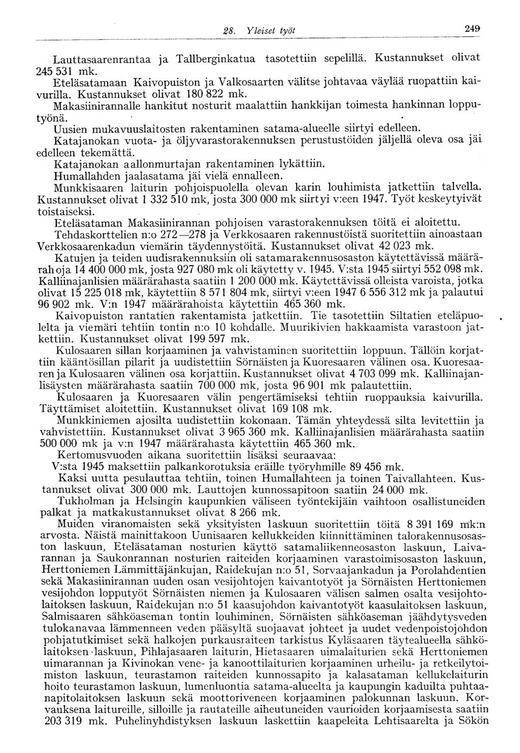 25028.Yleiset työt 249 Lauttasaarenrantaa ja Tallberginkatua tasotettiin sepelillä. Kustannukset olivat 245 531 mk.