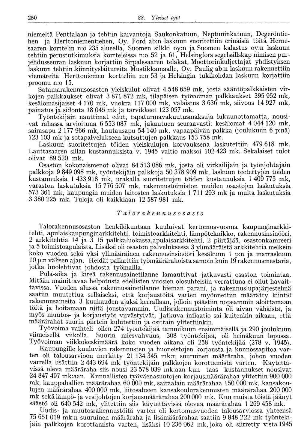 250 28. Yleiset työt 250 niemeltä Penttalaan ja tehtiin kaivantoja Saukonkatuun, Neptuninkatuun, Degeröntiehen ja Herttoniementiehen, Oy.