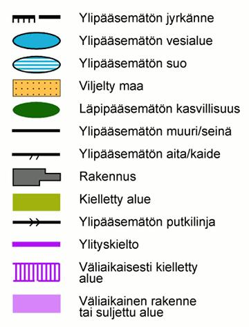 Kilpailukarttaan kulkuesteenä tai kiellettynä alueena kuvattua kohdetta ei saa käyttää kulkureittinä eikä tällaista kohdetta saa myöskään ylittää, alittaa, mennä läpi eikä muullakaan tavoin käyttää.