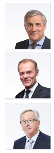 Kolme tärkeintä toimijaa Euroopan parlamentti - kansalaisten ääni Antonio Tajani, Euroopan parlamentin puhemies Eurooppa-neuvosto ja Euroopan unionin neuvosto -