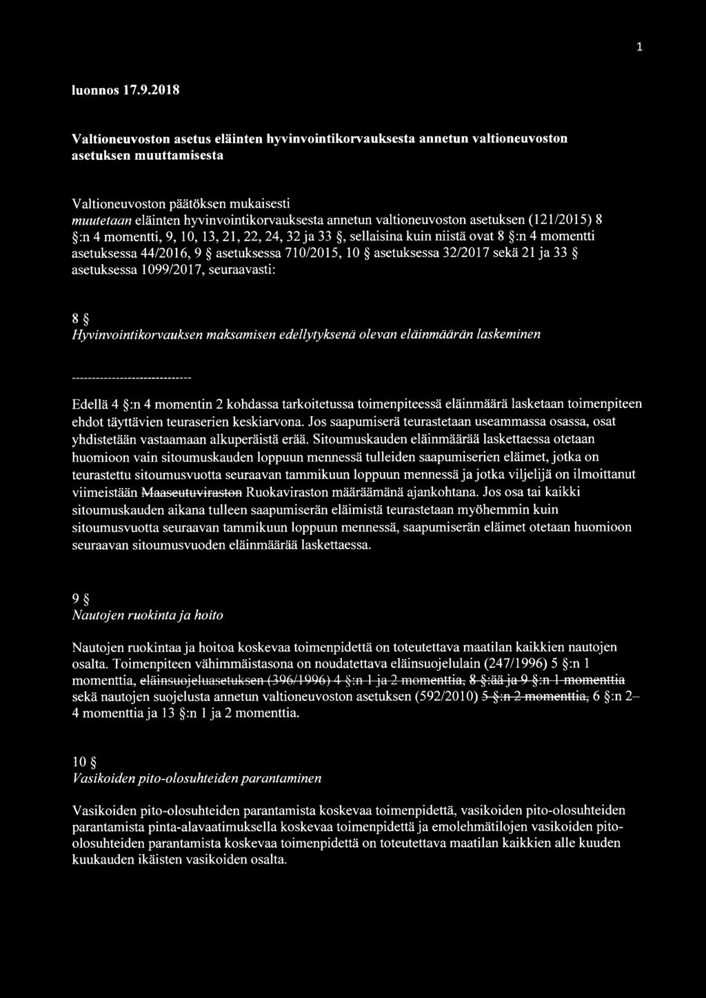 valtioneuvoston asetuksen (121/2015) 8 :n 4 momentti, 9, 10, 13, 21, 22, 24, 32 ja 33, sellaisina kuin niistä ovat 8 :n 4 momentti asetuksessa 44/2016, 9 asetuksessa 710/2015, 10 asetuksessa 32/2017