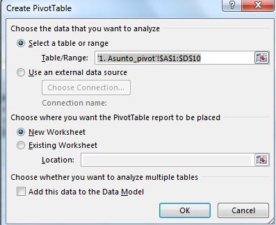 Excel 2013 Pivot 3 4. Valitse mihin sijoitat uuden Pivot-taulukon 5. Ohjelmaikkunan oikeaan reunaan avautuu tehtäväruutu Pivot-taulukon tekemistä varten. 6.