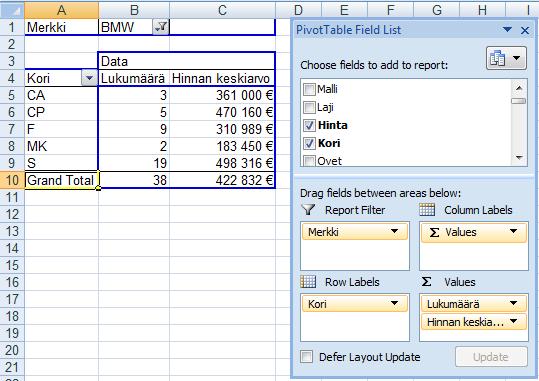 Excel 2013 Pivot 7 Raporttisuodatin Seuraavassa esimerkissä Raporttisuodattimeksi on valittu Merkki-kenttä, jolloin vasemman yläkulman valikosta voidaan suodattaa vain halutun merkin autot