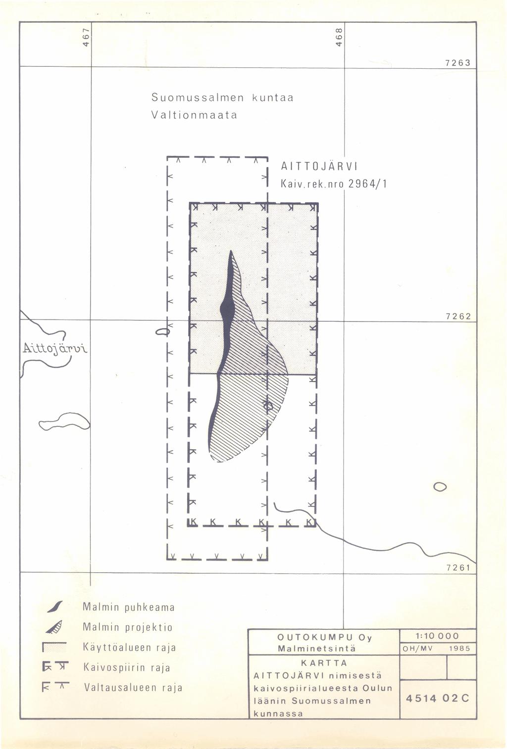 Malmin projekti0 OUTOKUMPU Oy 1:lO 000 Käyttöalueen raja Malminetsinta OH/MV 1985 Kaivospiirin raja