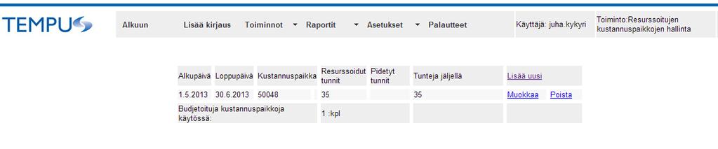 7 Resurssoitujen tuntien lisäys Voit lisätä uuden tuntiresurssin linkistä Lisää uusi Syötetietoihin tulee kustannuspaikka, tunniste (tarvittaessa), tuntimäärä, selite sekä päivämäärät millä