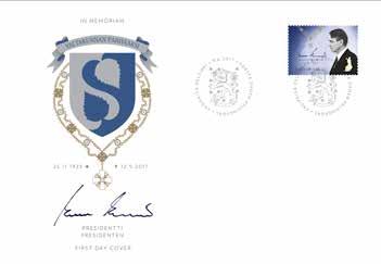 Tasavallan presidentin pöytälippu. Lipun tangonpuoleisessa yläkentässä on sinikeltainen Vapaudenristi. Suomen Heraldiikkakeskus. 4.