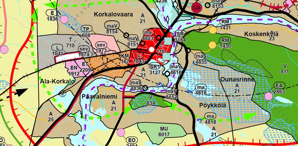 kaupunginosat sekä Paalvaniemen alue) on Rovaniemen maakuntakaavassa osoitettu taajamatoimintojen alueita (A), virkistysalueita (V) sekä maa- ja metsätalousalueita (M).