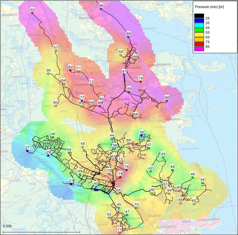 FCG SUUNNITTELU JA TEKNIIKKA OY Raportti 17 (47) Kuva 15. Verkoston minimipaineet Laskentavuorokauden maksimipaineet on esitetty kuvassa 16.