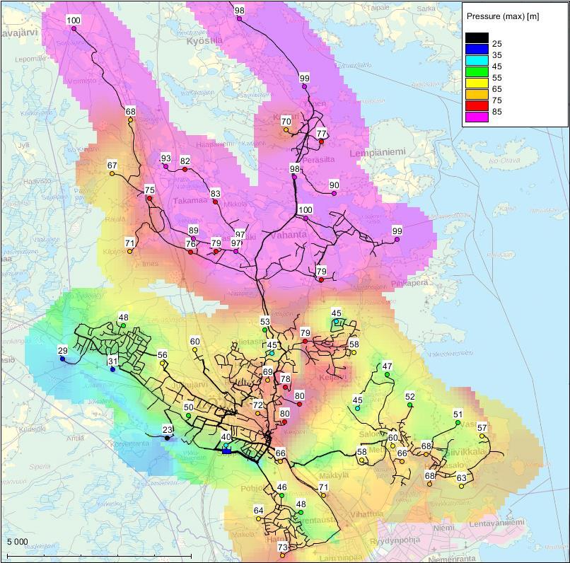 FCG SUUNNITTELU JA TEKNIIKKA OY Raportti 18 (47) Kuva 16. Verkoston maksimipaineet Verkoston painevaihtelu on hyvin vähäistä suurimmassa osassa verkostoa (kuva 17).
