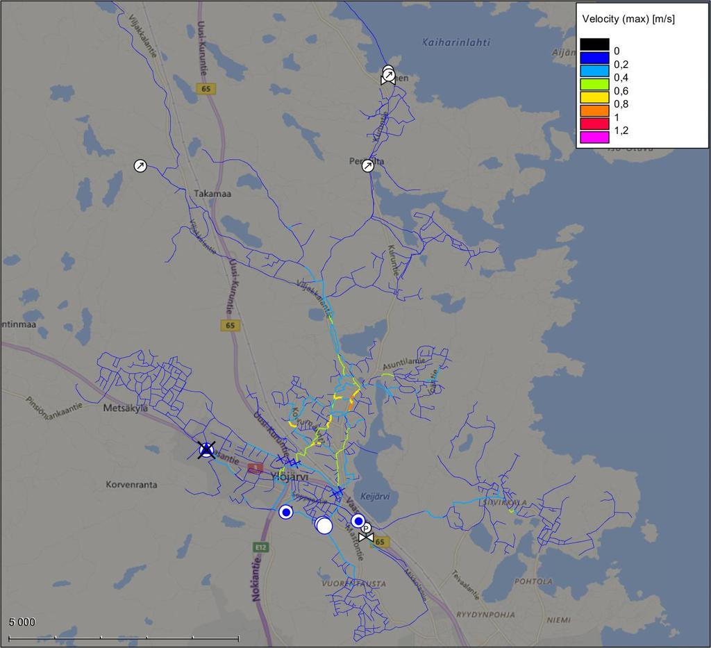 FCG SUUNNITTELU JA TEKNIIKKA OY Raportti 21 (47) 5.1.2 Virtausnopeus Yleensä verkoston kapasiteetti on hyvällä tasolla, kun keskiarvovuorokauden suurimmat virtausnopeudet ovat pääsääntöisesti 0,3 0,5 m/s.