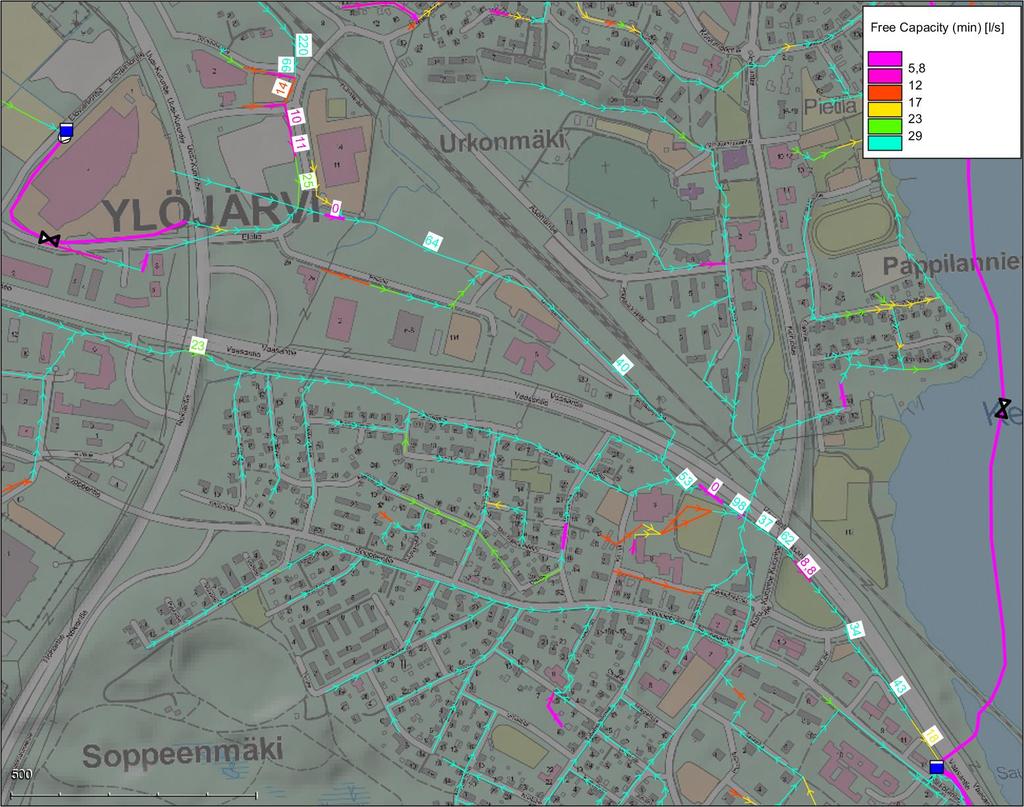 FCG SUUNNITTELU JA TEKNIIKKA OY Raportti 28 (47) Putkien vapaa kapasiteetti välillä Kivilähde JVP Saurio JVP on esitetty kuvassa 28.