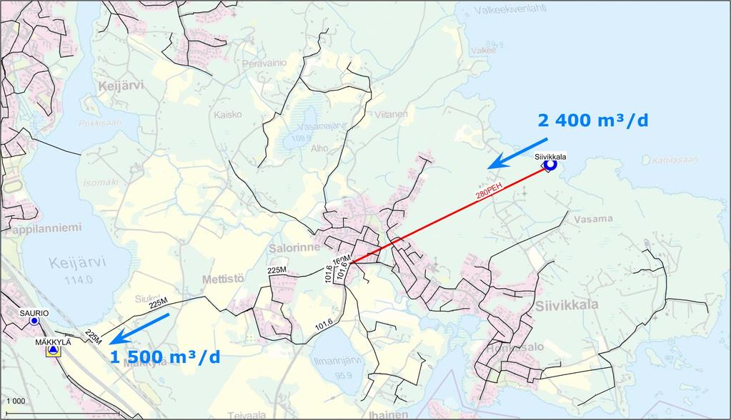 FCG SUUNNITTELU JA TEKNIIKKA OY Raportti 32 (47) 6 TULOKSET 2040 6.1 Vesijohtoverkosto Vuoden 2040 ennustettu vedenkäyttö on 6 800 m³/d. Nykyiset vedenottoluvat mahdollistavat 5 500 m³/d vedenoton.