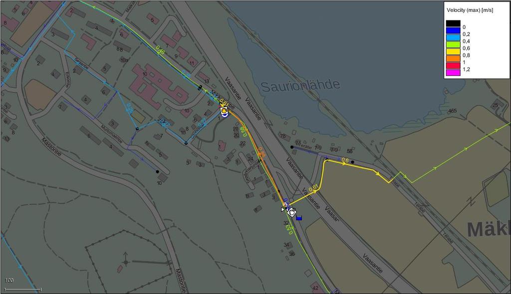 FCG SUUNNITTELU JA TEKNIIKKA OY Raportti 35 (47) Kuva 36. Maksimivirtausnopeus putkissa, kun vettä pumpataan Tampereen verkostosta 2400 m³/d 6.1.