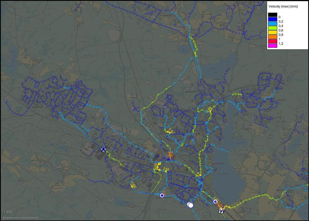 FCG SUUNNITTELU JA TEKNIIKKA OY Raportti 38 (47) 6.1.5 Virtausnopeus (max) Ennustetilanteessa vesijohtoverkoston välityskapasiteetti on riittävä valtaosassa verkostoa.