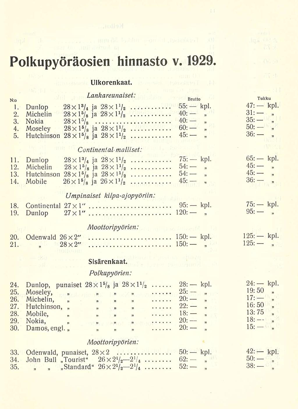 kpl. 19:50 Polkupyöräosien hinnasto v. 1929. Ulkorenkaat. N;o Lankareunaiset: Brutto Tukku 1. Dunlop 28xl 3 / 4 ja 28XP/2 55: kpl. 47: kpl 2. Michelin 28xl 5 / 8 ja 28x172 40; 31: 3.