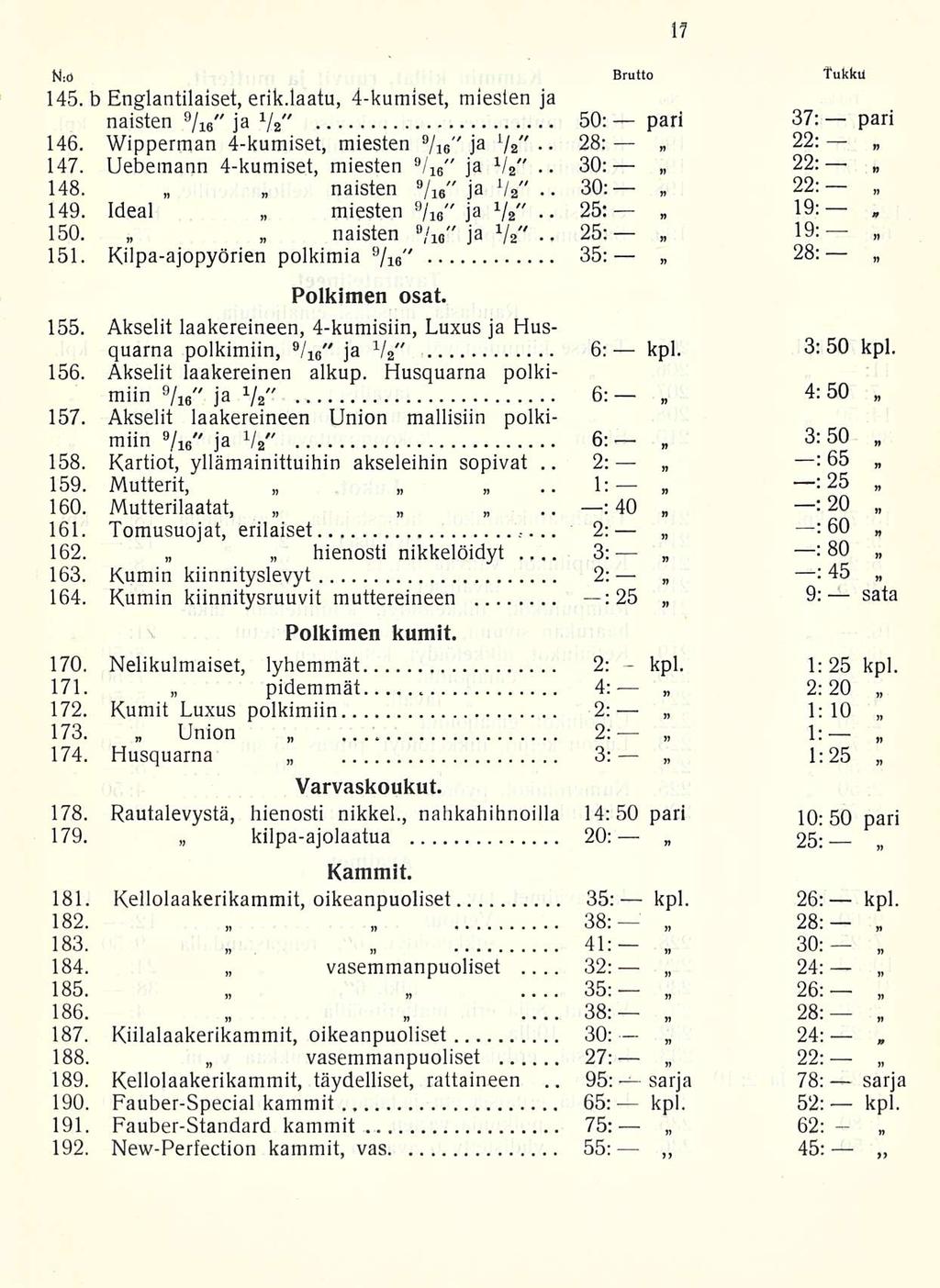 28: 3: 32: 95: kpl. N:ö Brutto Tukkii 145. b Englantilaiset, erik.laatu, 4-kumiset, miesten ja naisten 9 " / 16 ja 1/ 2 50: pari 37: " pari 146. Wipperman 4-kumiset, miesten 9 /ie" ja Va" 22: 147.