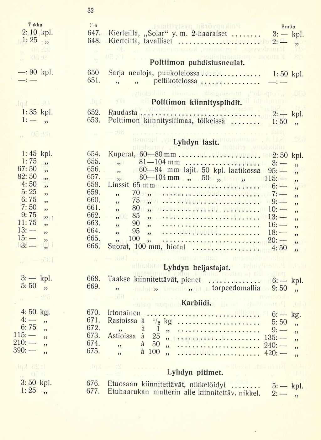 651. Takku :-;0 Brutto 2: 10 kpl. 647. Kierteillä, Solar y. m. 2-haaralset 3: koi 1:25 648. Kierteittä, tavalliset 2: Polttimon puhdistusneulat. : 90 kpl.